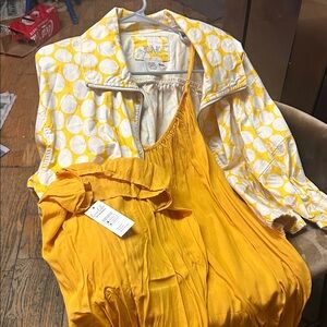 Yellow and White Polka Dot Jacket with wide legged pantsuit